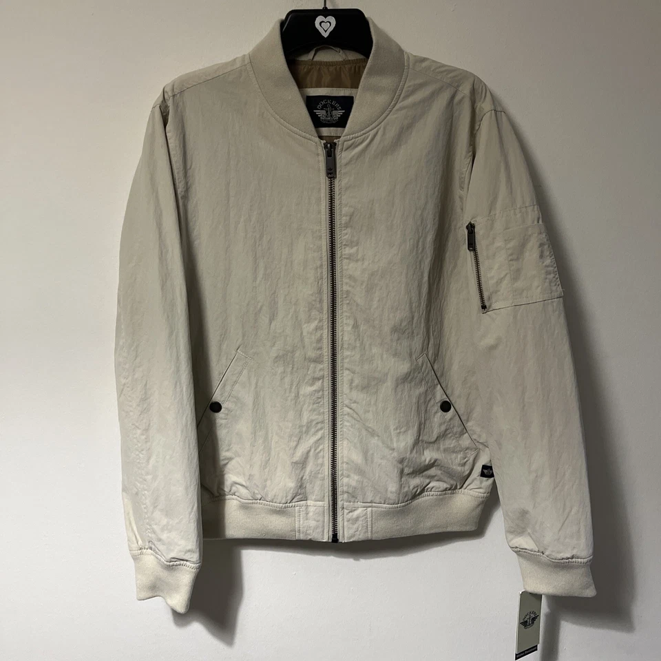 Dockers Bomber Jacket Mens Small Beige Full Zip Nylon Water Resistant  New - Image 1 of 4