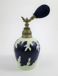 Antique PERFUME ATOMIZER - Hand Painted Cobalt Blue & Cream OPALWARE art glass - Picture 1 of 6