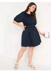 Antiguo Mini Vestido Azul Marino Corte Lateral Algodón Popelina Manga Abullonada Definida Cintura M - Imagen 1 de 12