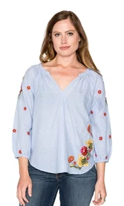VELVET GRAHAM & SPENCER Arabelle Chambray Embroidered Peasant Blouse, Size M - Picture 1 of 15