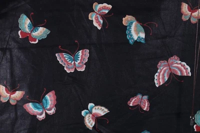 72"L x 44"W Concord Kessler Fabric Pink Blue Butterflies Tossed on Black - Image 1 of 4