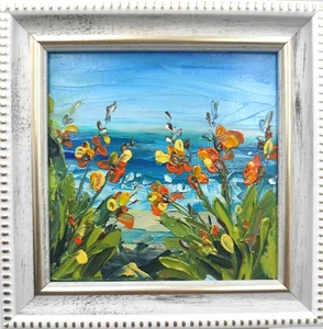 Quadro paesaggio marino fiori rossi fiori 4x4in olio floreale originale Impasto Art - Foto 1 di 7