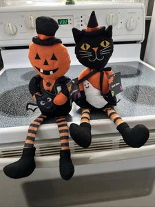 New Halloween Shelf Sitters;Pumpkin Man & Black Cat Primitive Design , Bat Ghost - Picture 1 of 5