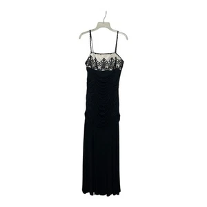 Vintage 80's Jessica McClintock Ivory Black Jersey Ruched Maxi Gown Dress Sz 12 - Picture 1 of 12