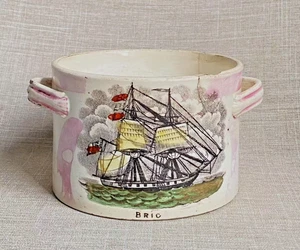 Antik um 1820 Marine Sunderland rosa Glanz Schiff & Kompass Marine Butterdose - Bild 1 von 20