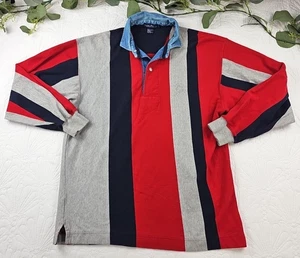 VTG 90's Nautica Red and Blue Stripped Long Sleeve Polo Shirt Size L Hong Kong - Picture 1 of 9