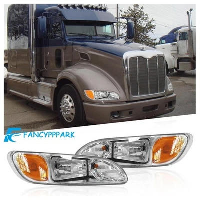 For 2005-2015 Peterbilt 330/384/386 Truck Chrome Headlights Headlamps Set LH+RH - Image 1 of 4