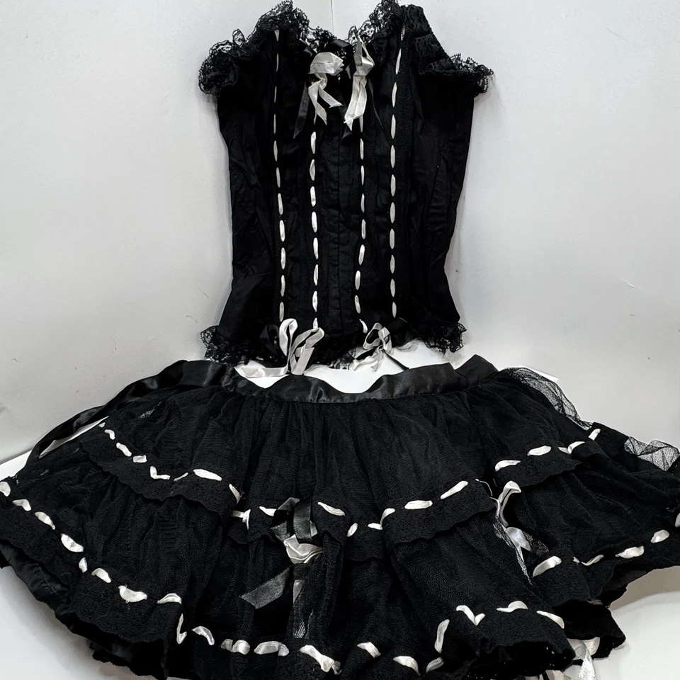 VTG Y2K 2 Piece Corset & Skirt Set Black & White Gothic Lolita Lace Bows sz S/M - Image 1 of 4