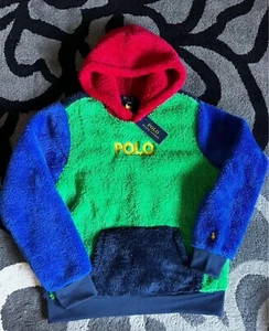 Polo Ralph Lauren Logo Teddy Fleece Hoodie Size L (14/16)Bold Color Blocking NWT - Picture 1 of 3