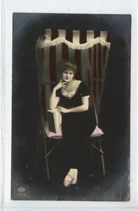 (KLj4183) RPPC Coloured Glamour Postcard, in Fancy Deckchair 1915 - Picture 1 of 2