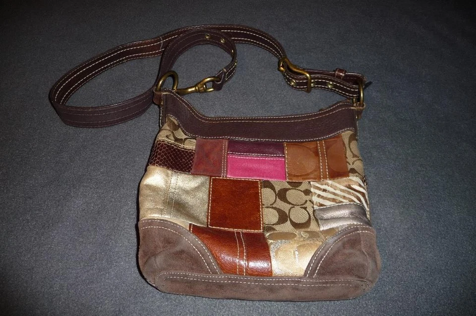 Cartera Convertible COACH Patchwork ~ $269 Edición Limitada Firma Cuero Marrón Gamuza Foto 1 de 4