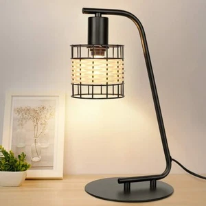 Industrial Black Table Lamp Modern Nightstand Lamp with Rattan Shade for Bedroom - Picture 1 of 23