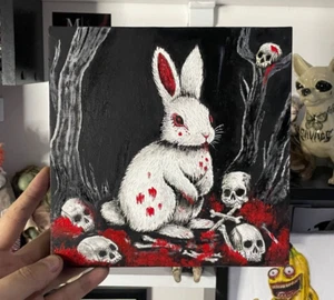 8x8 Creepy White Rabbit Painting with Skulls - original oil painting on canvas - Picture 1 of 12