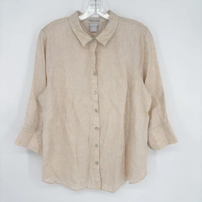 Blusa Top Chicos 2 L Grande Bronceado Claro Lino Botones Costera Boho Foto 1 de 4