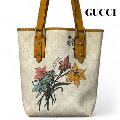 Gucci White Brown GG Coated Canvas Small Grasshopper Tattoo Handbag Tote Bag - Image 1 of 4