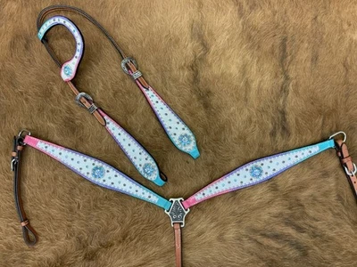 Hair On Cowhide Inlay Ombre Rainbow Leather Headstall & Breast Collar & Rein NEW - Image 1 of 2