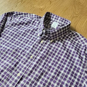 Brooks Brothers 346 Shirt XXL Long Sleeve Button Down Slim Fit Purple Plaid - Picture 1 of 9