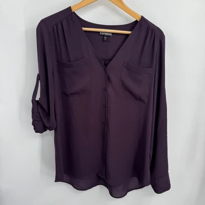 EXPRESS Portofino Shirt Womens L Wine V-Neck Button Front Sheer Casual Office - Image 1 of 4