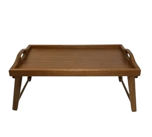 Vintage MCM Teak Wood Folding Bed Breakfast Tray w/ Handles Mid Century Modern - Imagen 1 de 16
