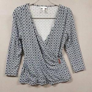 Charter Club Top Women Petite Medium PM Blue Surplice Gold Buckle Stretch Career - Picture 1 of 10