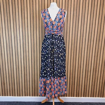 Caroline Issa Maxi Dress UK 14 Blue Orange Floral Flare 100% Silk Tie Waist - Image 1 of 4