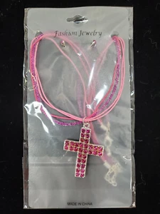 Womens Necklace Pink Art Glass Cross Pendant w/ Matching Earring Costume Jewelry - Picture 1 of 12