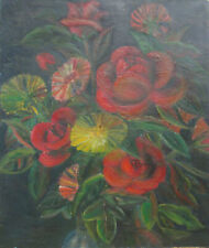 antique c 1900 AMERICAN OIL PAINTING RED ROSES & MARIGOLDS FLOWERS