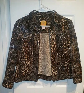Ruby Rd Petite Metallic Jacket Faux Snake Skin Size 8 P Black Brown Beige - Picture 1 of 1