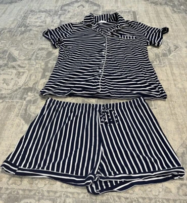 EKOUAER 2 PIEZAS PANTALONES CORTOS/CAMISA BOTÓN PIJAMA CONJUNTO AZUL BLANCO RAYAS TALLA XL Mujer Foto 1 de 4