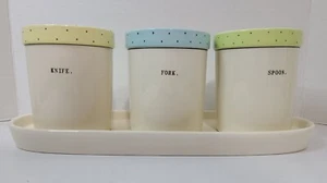 Rae Dunn 4pc Polka Dot Fork Knife Spoon Utensil Jars & Platter Blue Green Yellow - Picture 1 of 15