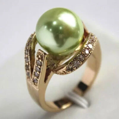 12 毫米南海贝壳珍珠圆形珠宝石 18K 金 GP 戒指 尺寸 6 7 8 9 AAA — 第 1/4 张图片