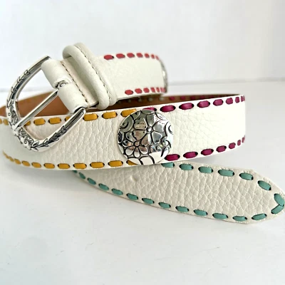 Cinturón para mujer Brighton blanco crema cuero punto arco iris talla 32 conchos de flores Foto 1 de 4