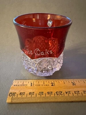 EAPG RUBY STAINED THE OAKS MARTHA 1906 ETCHED ANTIQUE GLASS TEACUP TUMBLER MUG - Image 1 of 4
