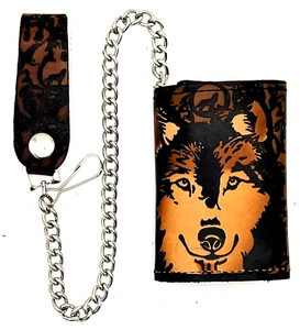 Genuine Leather Trifold Embossed Wolf Chain Wallet Made in USA - Bild 1 von 4