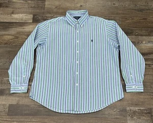 Polo Ralph Lauren Mens Custom Button Up Down Shirt Blue Green Striped 17 34/35 - Picture 1 of 3
