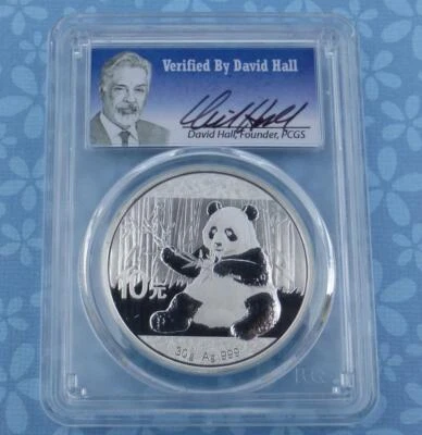 中国熊猫银币 10 年硬币,30 克银币,2017 年 PCGS 评级 MS70 David Hall 签名 — 第 1/4 张图片