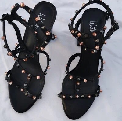 WITTNER Talla 9 O 40 Cuero Negro Tachuelas Estrás Hebillas Tacones Sandalia Tirantes Foto 1 de 4