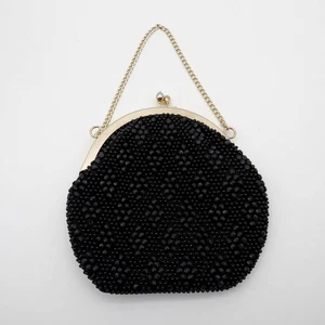 Vtg Beaded Black Evening Bag Purse w/ Gold Tone Chain and Kisslock Closure - Picture 1 of 6