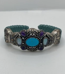 Turquoise Abalone Amethyst Sterling Silver Leather Carolyn Pollack Cuff Bracelet - Picture 1 of 10