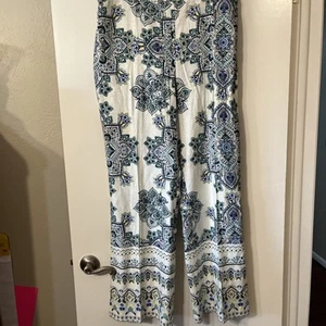 Rachel Zoe Womens Pants XL White Blue Floral Wide Leg Vacation Boho NWT Medallio - Picture 1 of 8