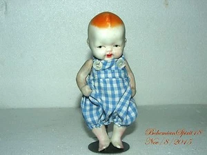 ANTIQUE JAPAN MINIATURE BISQUE BABY BOY DOUBLE JOINTED 6'' HANDMADE OUTFIT DOLL - Picture 1 of 8