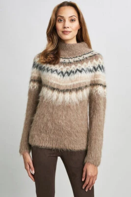 sz S 全新带标签 TAHARI 毛衣套衫 Fairisle Mockneck 女士石棕棕色羊毛 — 第 1/4 张图片