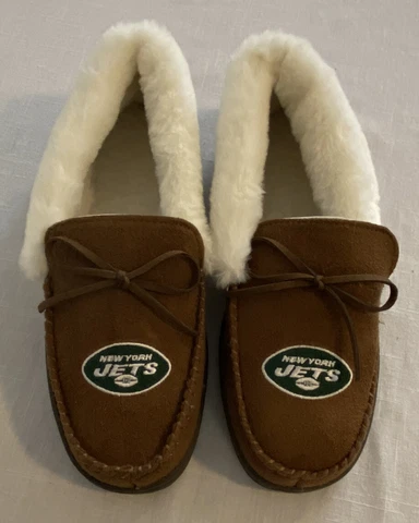 NFL NY JETS Sherpa Lined Moccasin Slippers - Brown/Beige - Women L 9/10 or Men 8 Cover