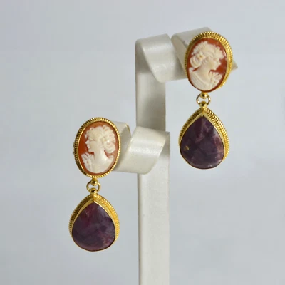 ORECCHINI ARGENTO 925 DORATO CAMMEI CORNEOLA CORIDONI  VINACCIA         AGHT 035 - Immagine 1 di 3