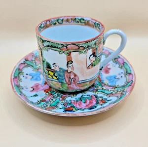 Antico medaglione rosa famiglia cinese piccola tazza da tè e piattino Cina uccellini floreale - Foto 1 di 8