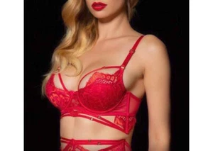Honey Birdette Candice Harness Bra Size 10C Crimson Lace Strappy Mesh Push Up - Picture 1 of 10