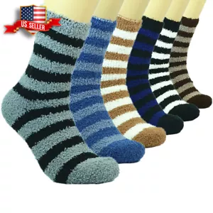 6 Pairs Mens Soft Cozy Fuzzy Winter Warm Striped Slipper Crew Socks Size 9-13 - Picture 1 of 7