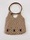 BOHO RETRO BRAIDED ROPE STRAW PURSE BAG WOODEN HANDLES AND DECORATIVE PIECES