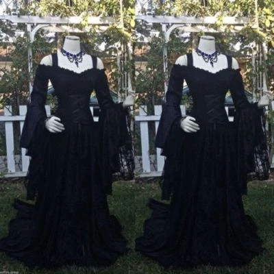 Black Gothic Wedding Dresses with Long Flared Sleeves Off Shoulder Bridal Gowns - Image 1 of 4