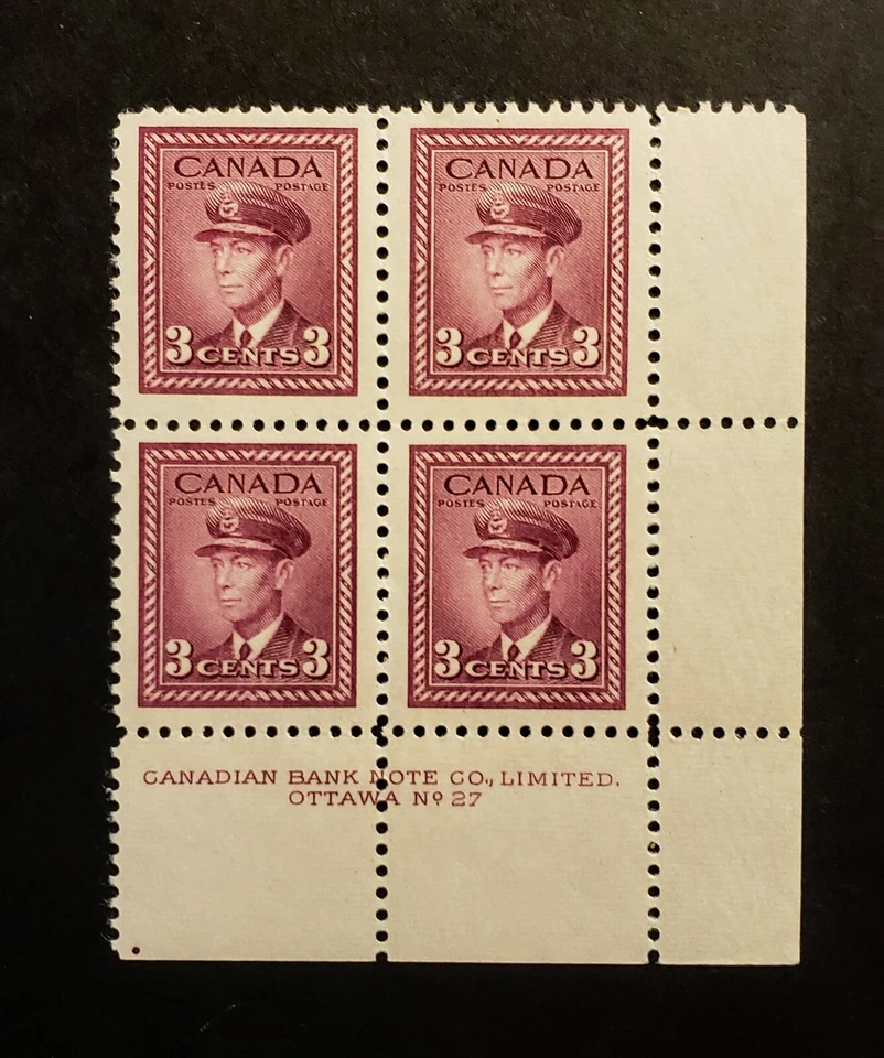 Stamps Canada Mint: #252 3c rose violet Geo. Vl War LR Pl. Blk. #27 VF MNH - Image 1 of 1